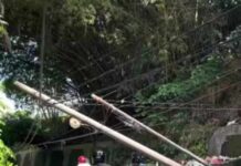 Tiang Listrik Tumbang di Jalan Singosari Pematangsiantar Akibat Hujan Deras