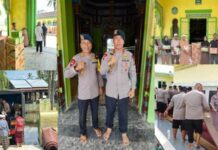 Brimob Polda Sumut Turun ke Mesjid Azizi Tanjung Pura, Bantu Bersihkan dan Beri Bantuan Kepada Korban Banjir